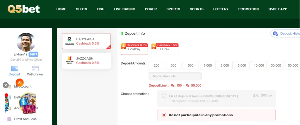 Q5 Bet game deposit